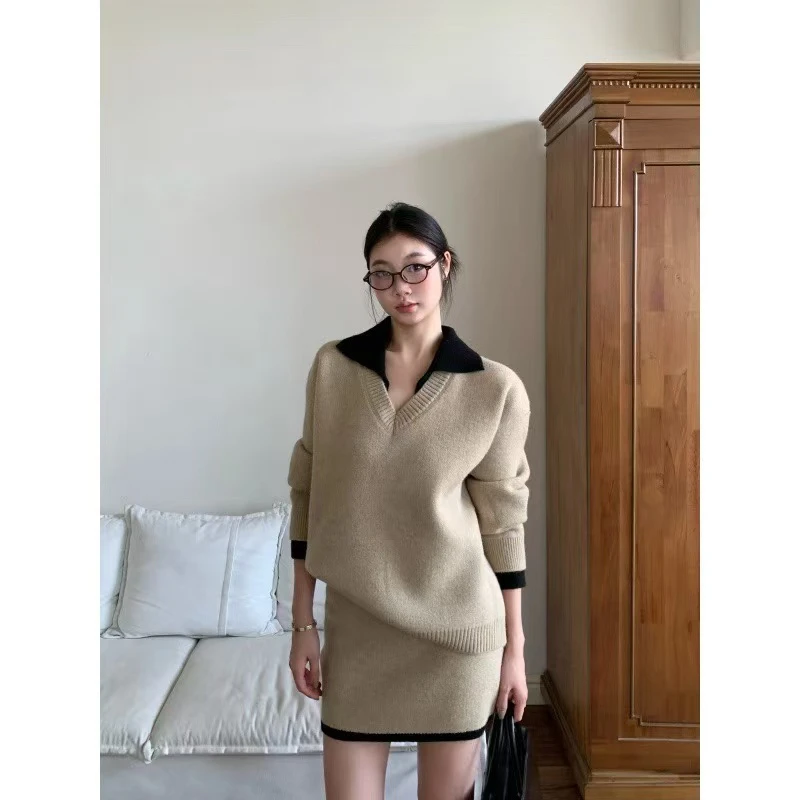 小香风外套套装秋冬撞色翻领假两件v领毛衣针织衫半裙套装包臀裙