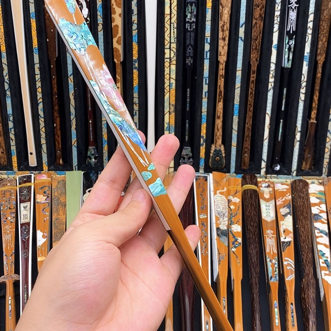 扇子《荷花》老玉竹三合青螺钿镶嵌