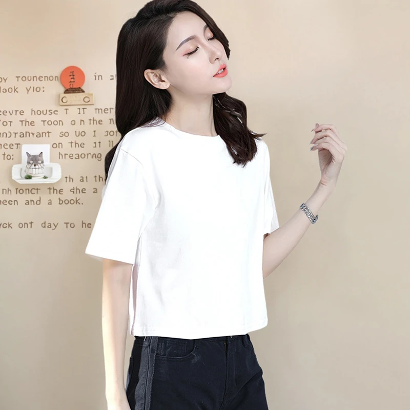 夏季新款设计圆领短袖小个子上衣百搭短款宽松半袖纯色简约韩版女