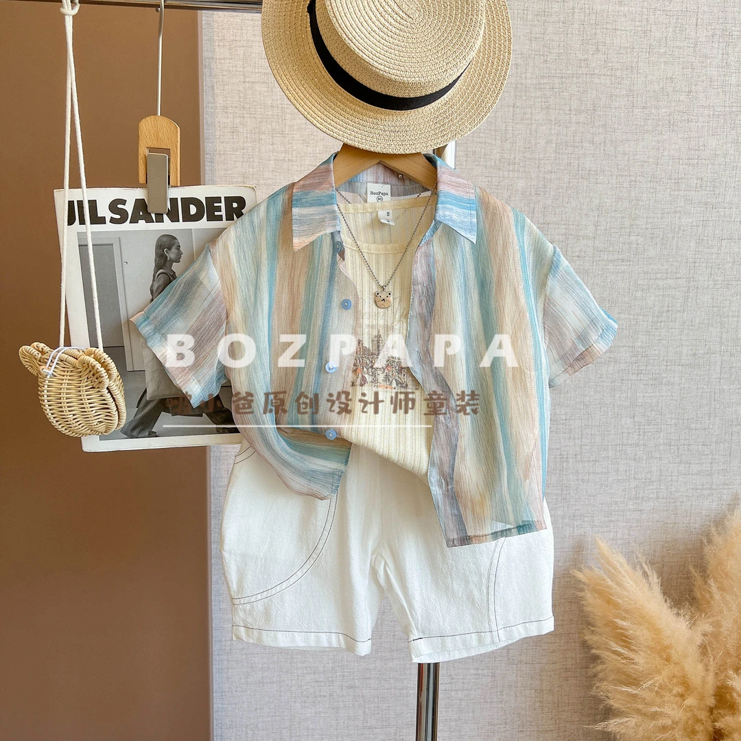 啵小爸【琉璃幻境】2025夏季男童韩系休闲门襟设计感轻纱衬衫套装