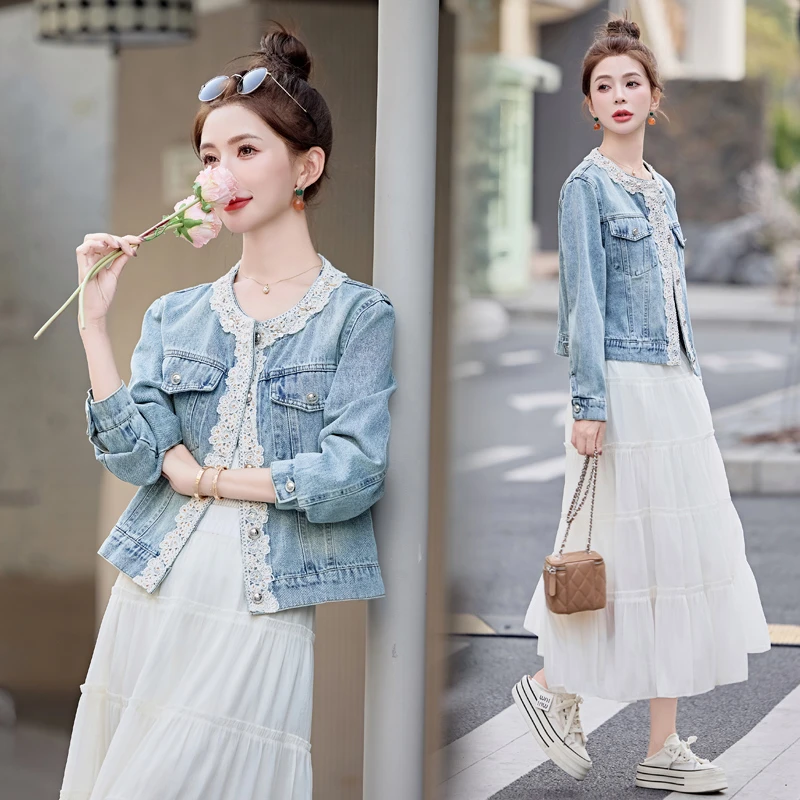 2025春季新款小香风蕾丝花边拼接短款牛仔外套女气质复古夹克上衣