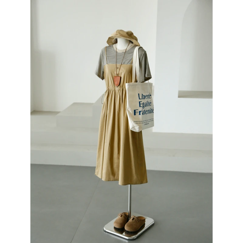 假两件连衣裙女拼接条纹文艺气质韩版休闲简约夏季新款短袖裙子女