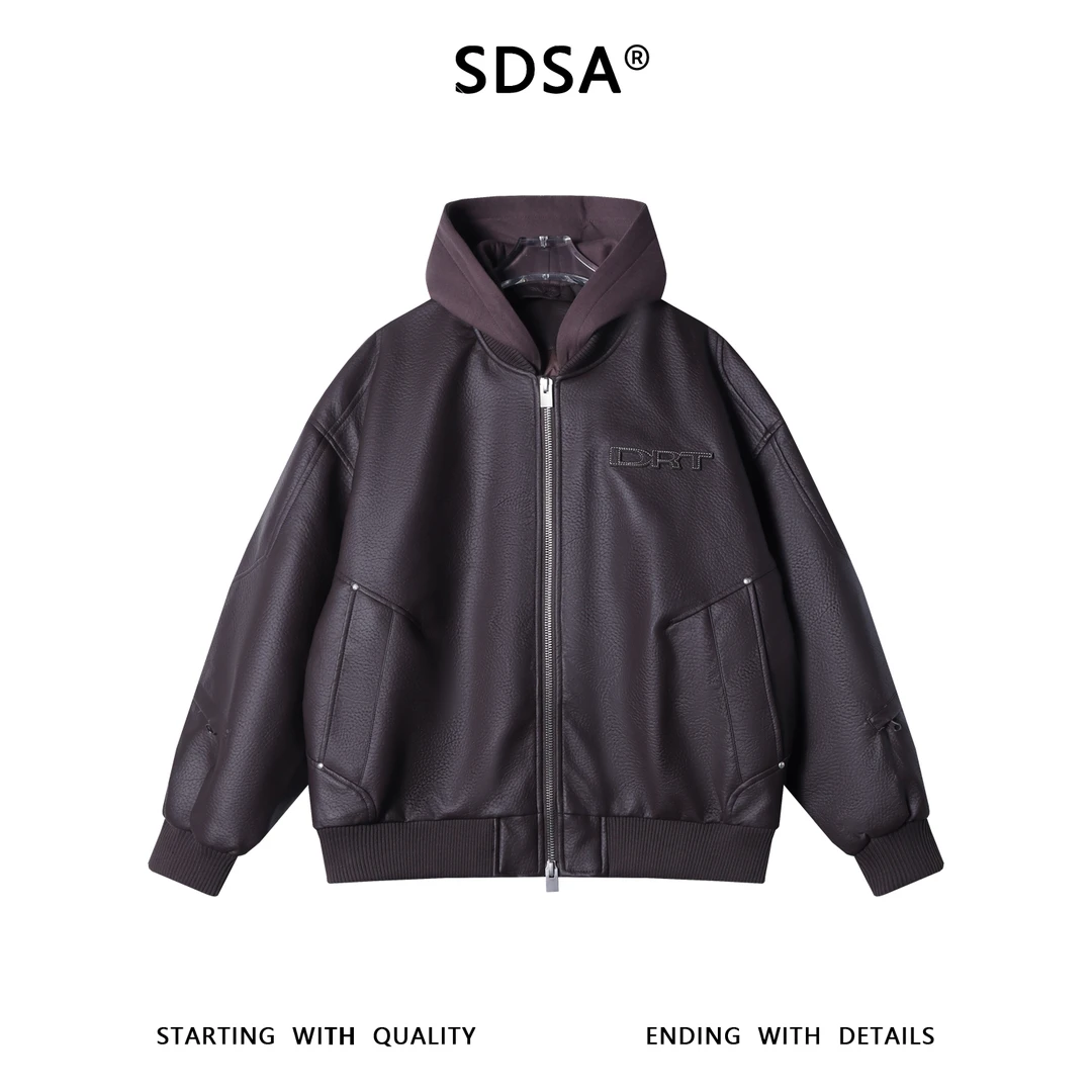 SDSA男士秋冬新款痞帅男装潮牌皮面字母连帽羽绒服高街风百搭外套