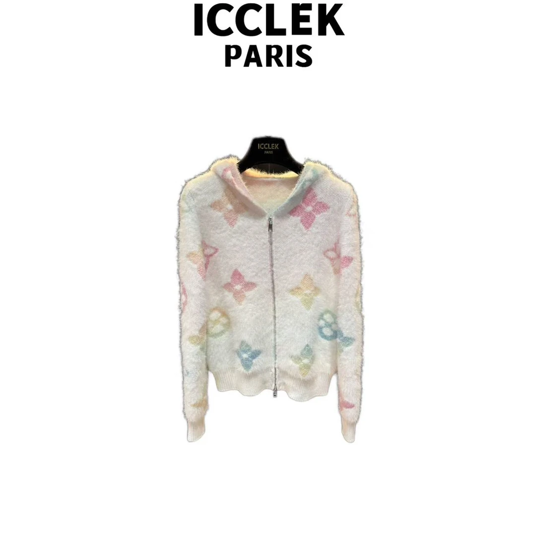 ICCLEK 白色连帽拉链彩虹立印花气质轻奢名媛早春外套  - 9079