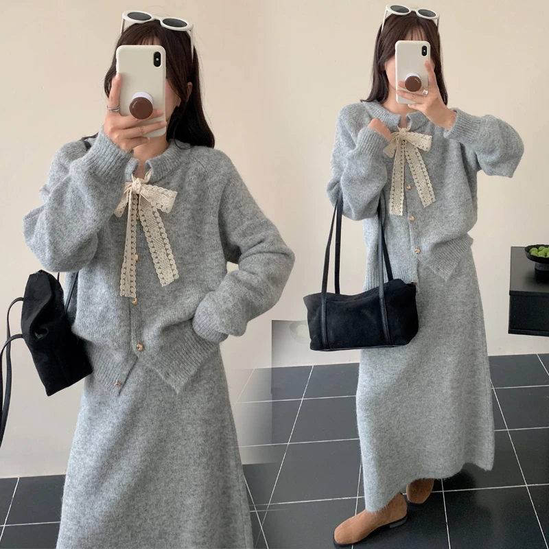 孕妇套装秋冬新款温柔设计感系带气质显瘦开衫+半身裙毛衣两件套