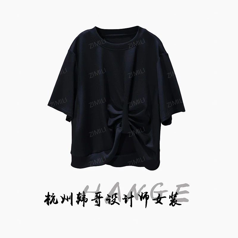 【韩哥女装】2025欧版时装周黑色缎面蝴蝶结休闲气质短袖9012-D4