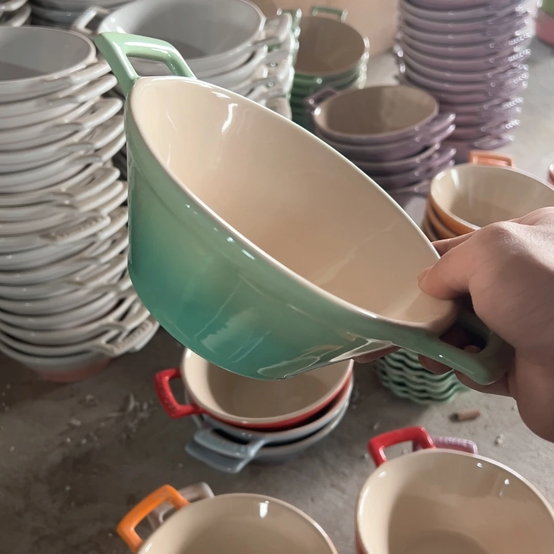 陶瓷 双耳斗笠碗 青羽色