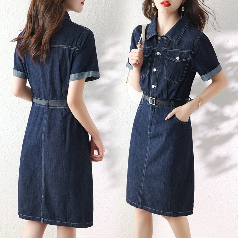 薄款牛仔衬衫连衣裙女2025年夏季新款气质收腰小个子短袖翻领裙子