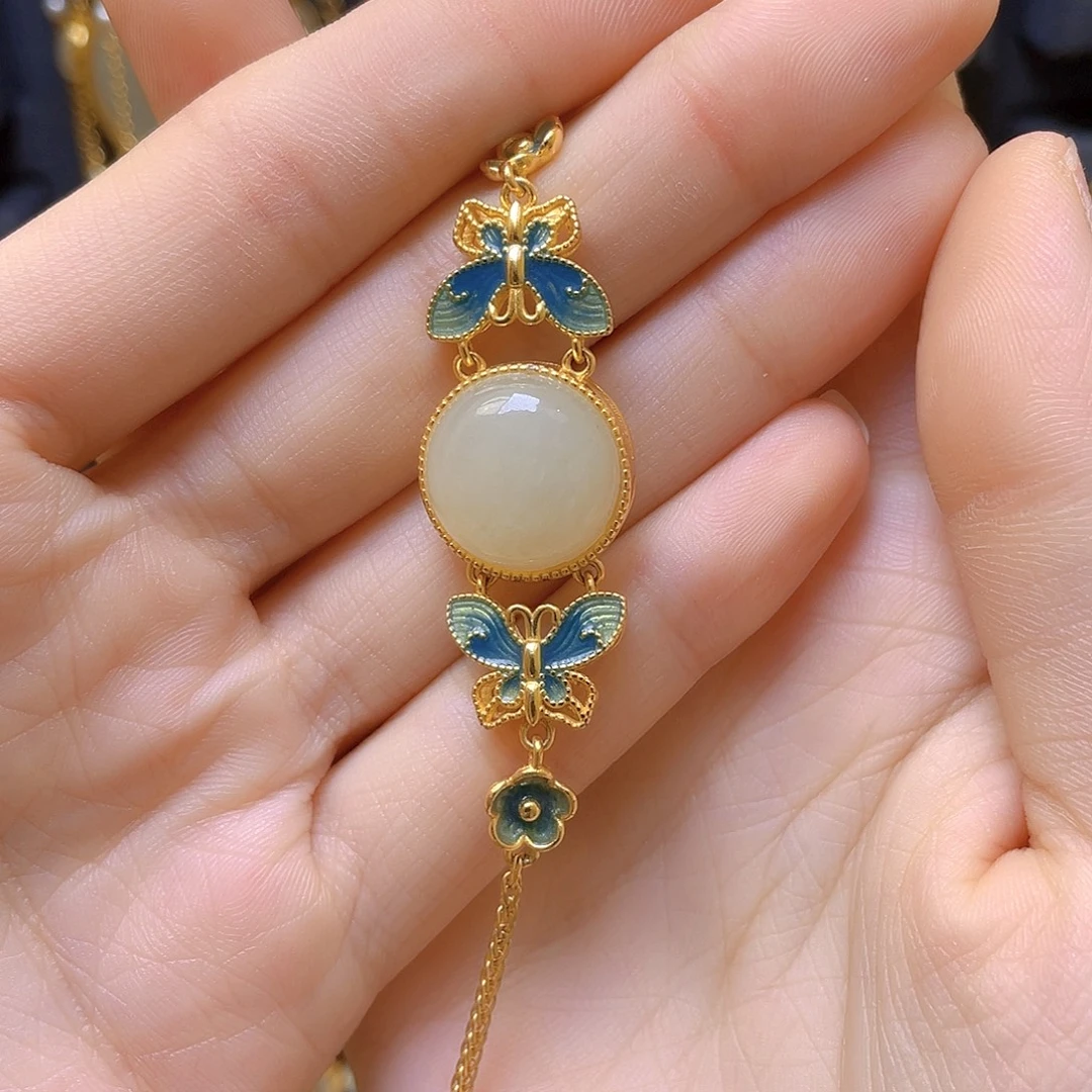 和田玉银S925镀金镶嵌手链