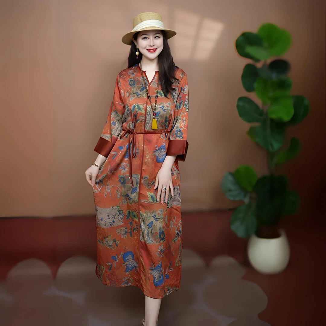 心想事橙新中式连衣裙宋锦新款时尚百搭显瘦长袖气质中长款中国风