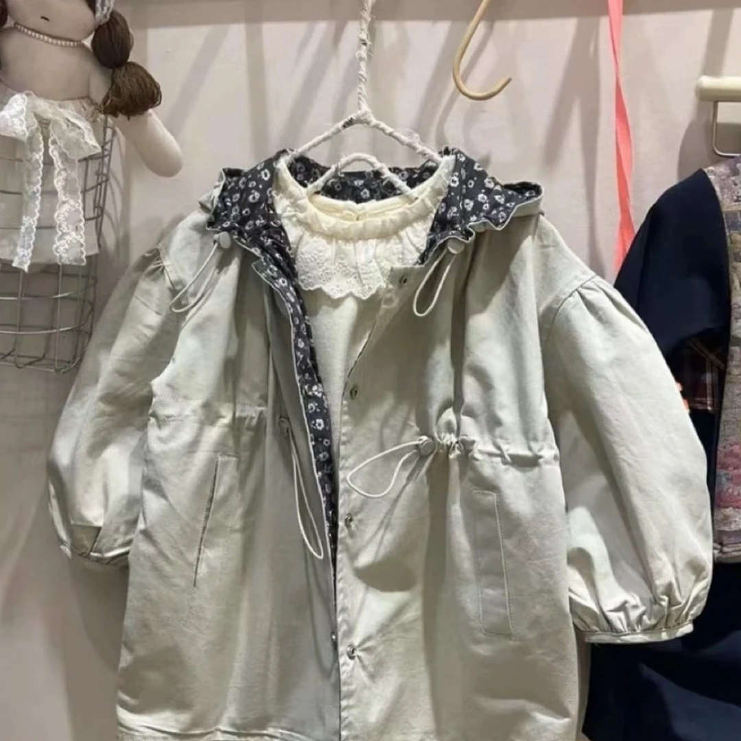 韩系穿搭2025秋季新款女童杏色中长款外套抽绳设计款时髦气质风衣