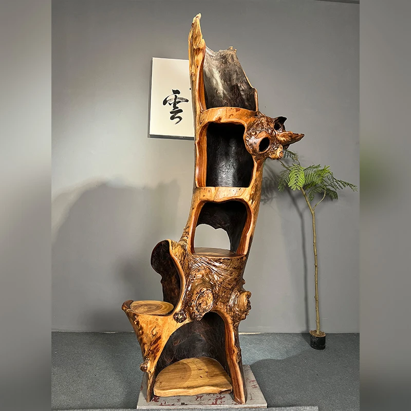 博古架原木实木原生态多宝阁茶叶展示柜茶室置物架新中式创意架子