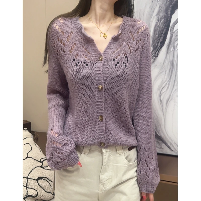 梦丞【DaYu】韩系温柔减龄马海毛镂空修身舒适休闲洋气长袖针织开衫