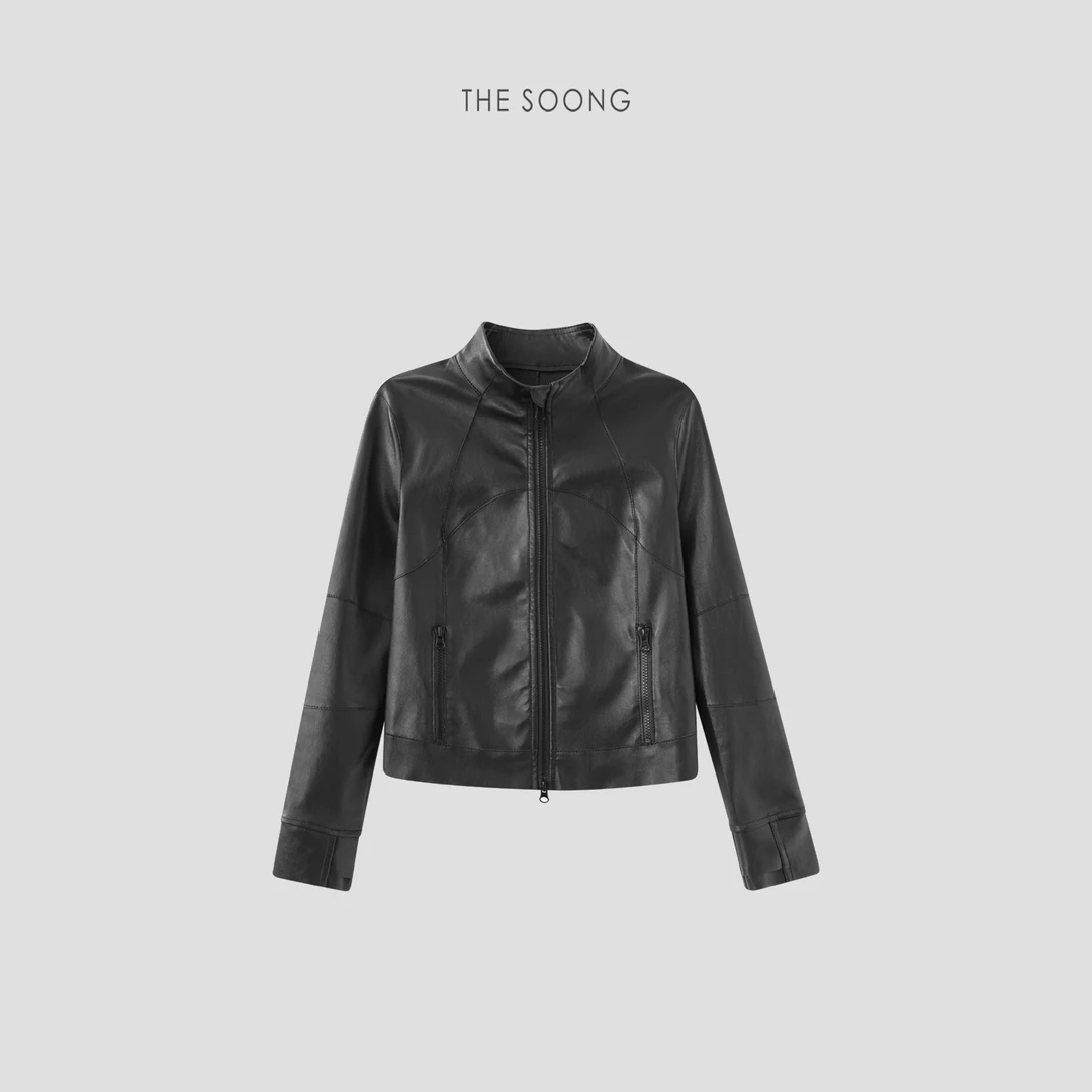 THESOONG|"松弛兼容"纯羊皮垂顺廓形哑光面立领皮衣HWPY7530