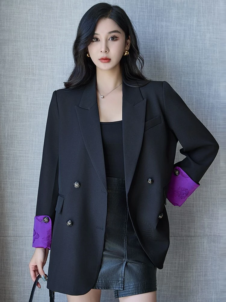 通勤休闲西装外套女2025秋季新款韩版宽松设计感袖口撞色西服上衣
