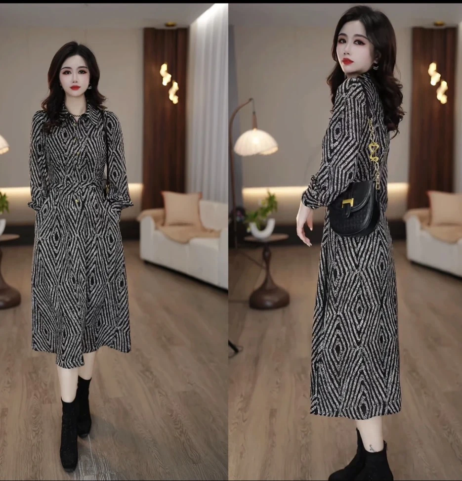 2025春季新款条纹长袖显瘦气质时尚收腰修身中长款连衣裙