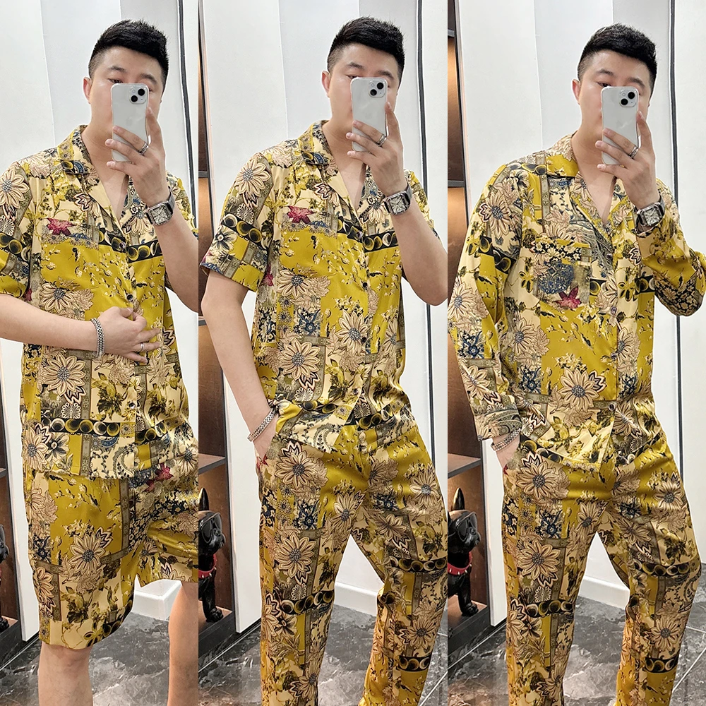 男士大码冰丝短袖短裤印花套装2025夏季薄款丝滑高档宽松家居服潮