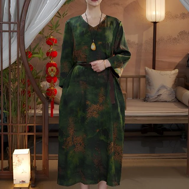 【95%桑蚕丝】早春新品红云纱连衣裙中国风女士香云纱复古长裙子