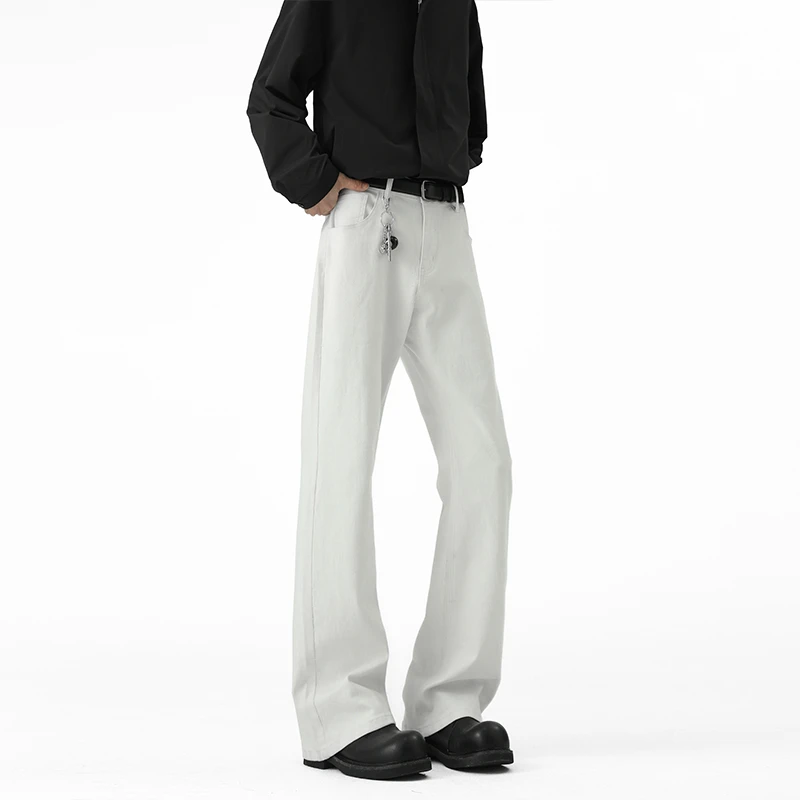 美式cleanfit穿搭白色男士牛仔裤春季宽松百搭直筒休闲弯刀微喇裤