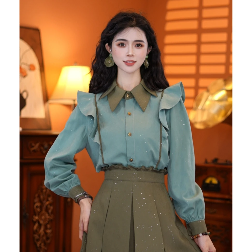 牧子【砂金绿】港风显瘦简约拼色小众气质设计感衬衫上衣00986