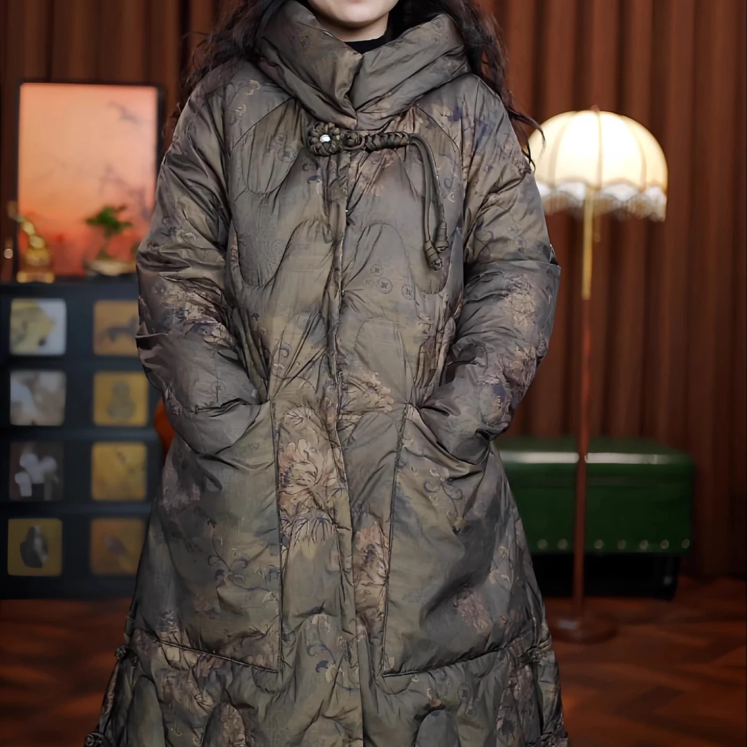 婉若清风（金棕色）羽绒服连帽长款白鸭绒冬季加厚女装外套