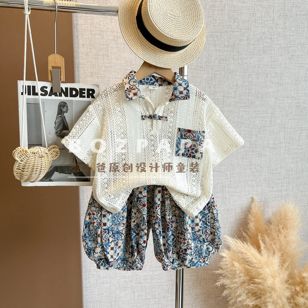 现货童装【镂雪织夏】2025夏季男童韩系针织钩花拼接POLO衫套装