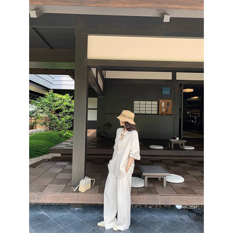 2025秋季新款修身显瘦简约百搭气质时尚宽松衬衫上衣慵懒直筒长裤