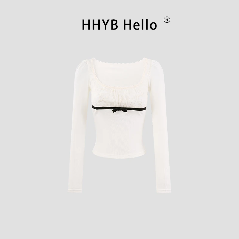 HHYB Hello2025秋方领泡泡长袖T恤女蕾丝拼接修身上衣250781