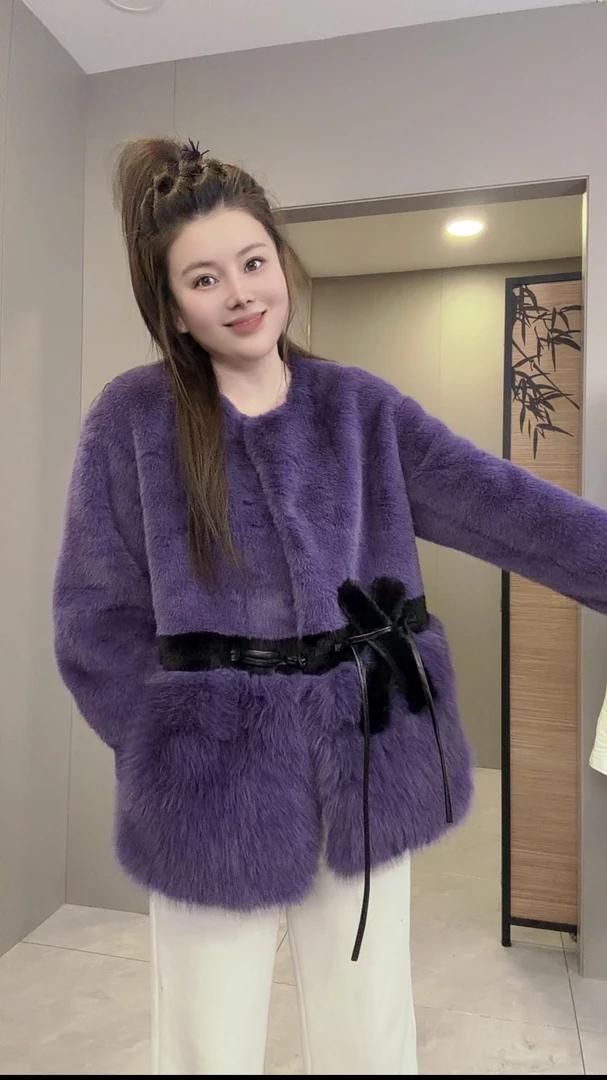 【婷婷】2025冬季新款时尚大衣636914慵懒风洋气毛毛加厚彩色外套