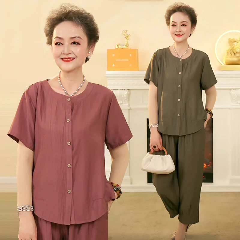 妈妈装夏季新款圆领开衫两件套气质中老年女装大码休闲薄款套装女