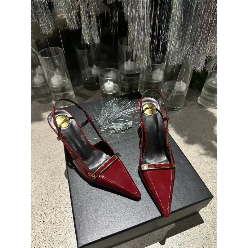 夏季浅口高跟尖头时装凉鞋百搭中跟一字带纯色千金风女士粗跟