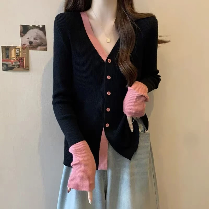 小洁大码女装拼色长袖针织开衫秋冬微胖显瘦减龄V领针织衫上衣