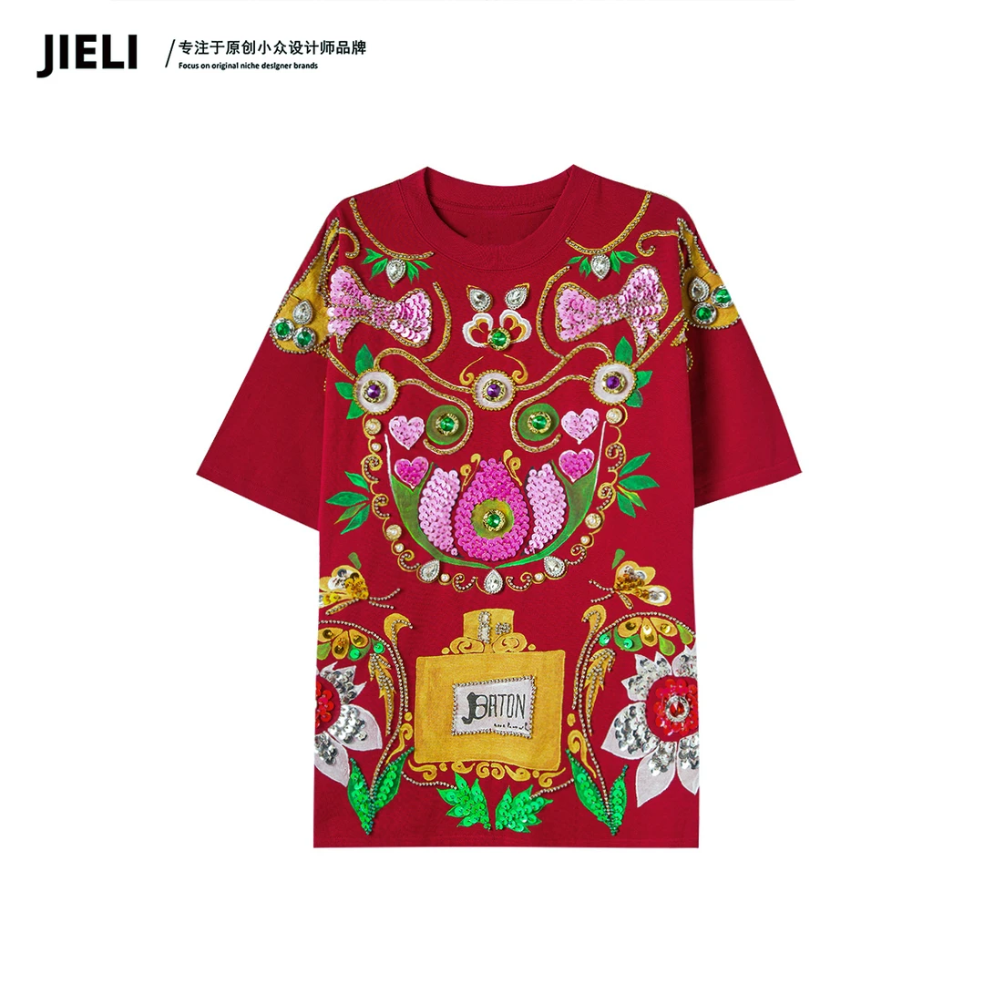 JIE LI/街力设计感小众减龄百搭红色短袖T恤女S8238
