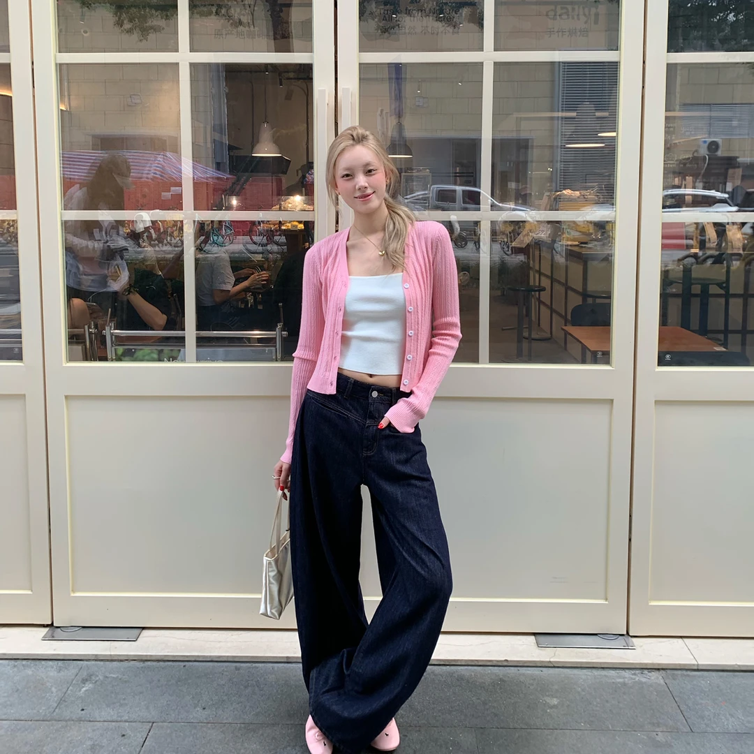 8uioio 桃心软糖 早秋粉色v领针织开衫+吊带 K50852759 K50853113