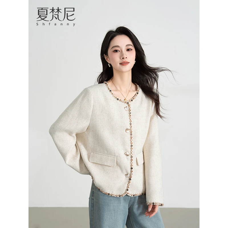 夏梵尼百合梦境2025春季新款圆领花边显瘦气质小香风外套