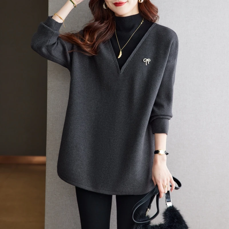 大码女装设计感假两件冬季打底衫女毛衣遮肚子时髦高级感内搭上衣