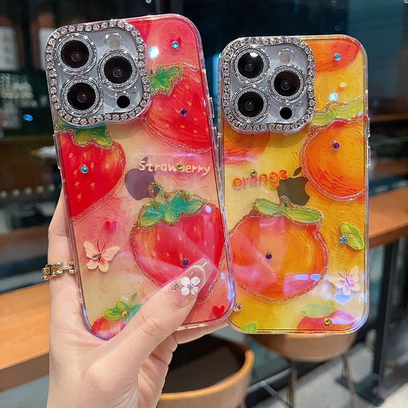 适用苹果系列iPhone16新款手机壳趣味镭射油画水果扭边钻框保护套