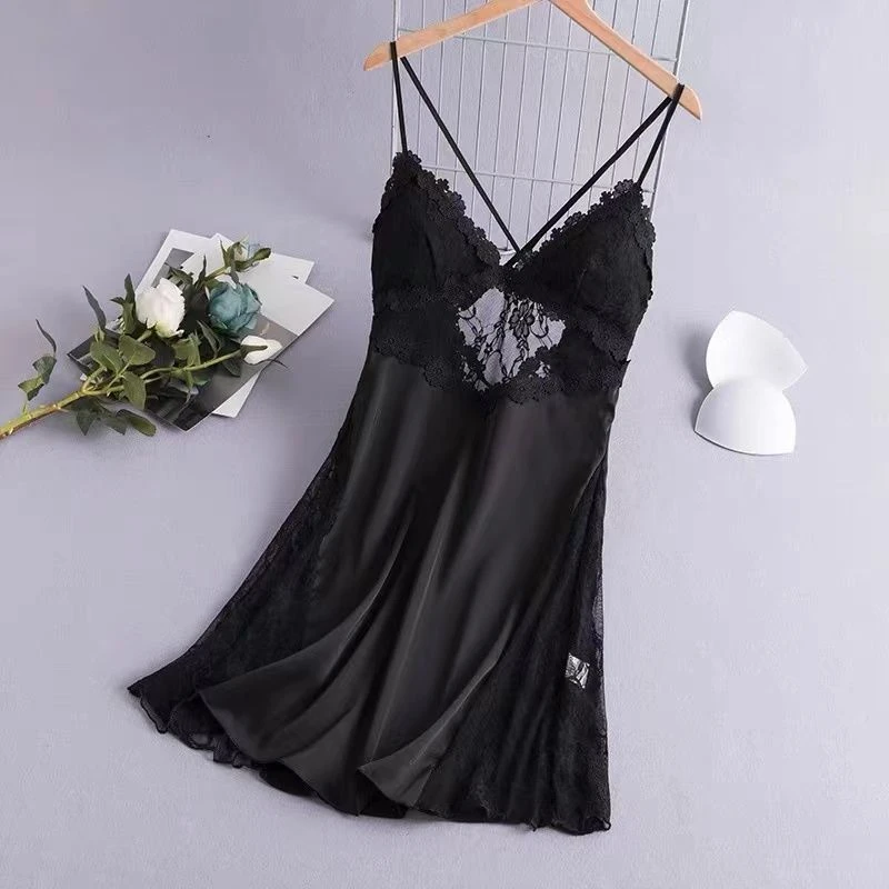 网红性感睡衣女夏季吊带裙冰丝带胸垫蕾丝露背诱惑薄蕾丝睡裙