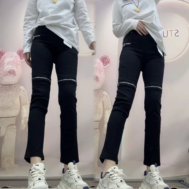 欧货秋季新款时尚拉链设计高腰直筒裤女百搭显瘦九分裤烟筒裤潮裤