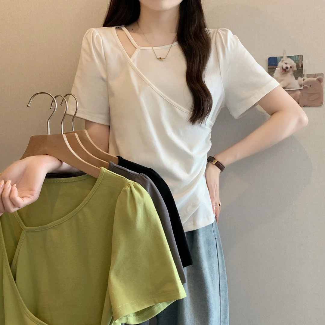 清2025夏季胖mm大码女假两件镂空短袖T恤修身收腰显瘦上衣64583