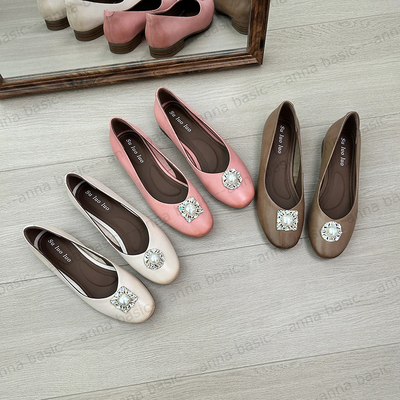 2cm/ED1948牛皮圆头平底单鞋女春夏百搭平跟真皮韩版女鞋浅口瓢鞋