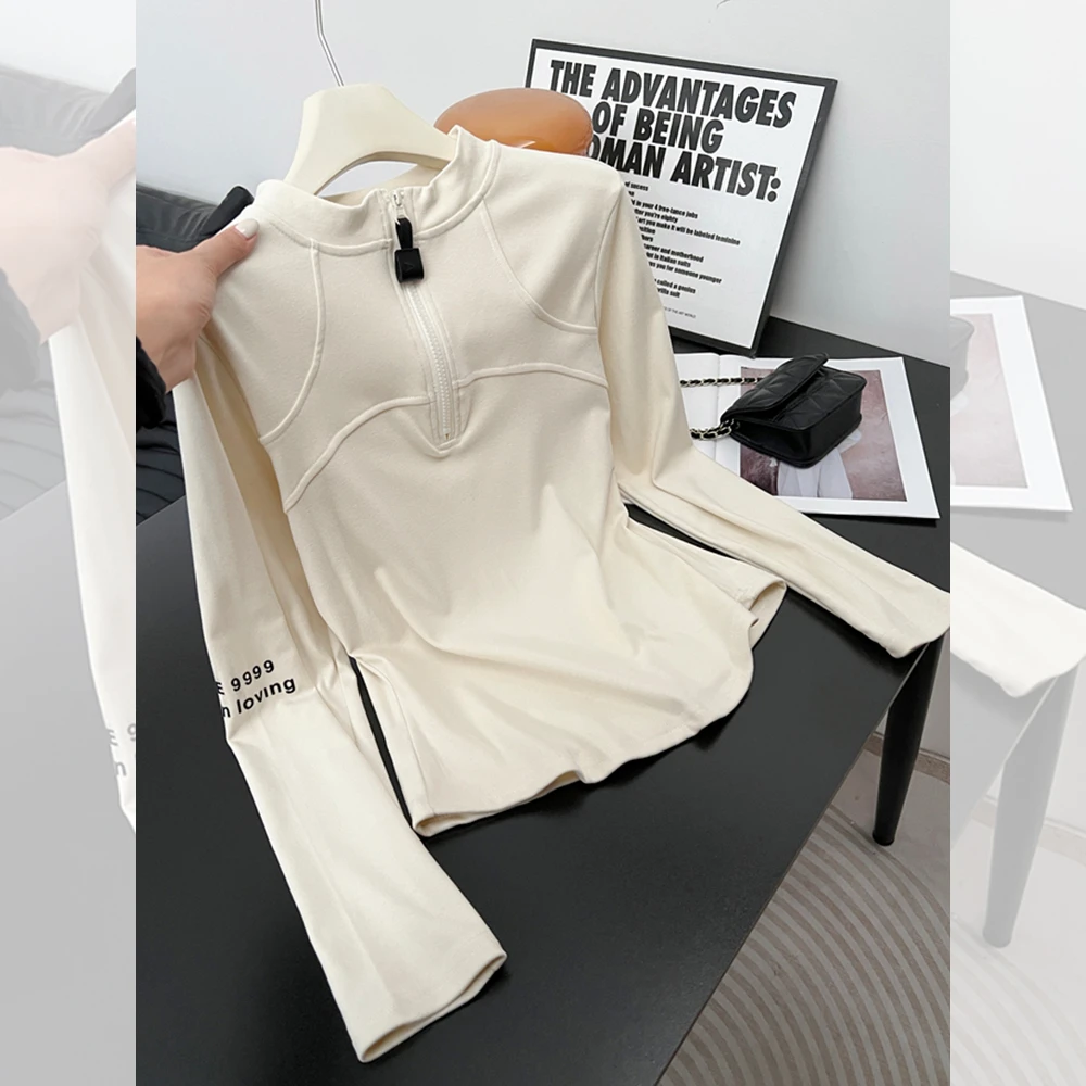 修身显瘦百搭上衣秋冬新款胖MM大码女装设计感半拉链正肩长袖T恤