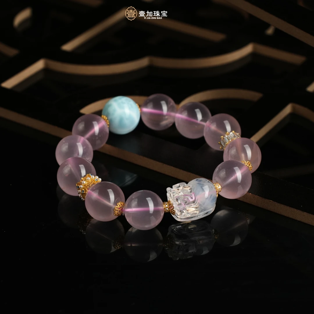 壹加师姐|手工设计桃夭海纹石粉晶多宝水晶手串多样性发一10217m