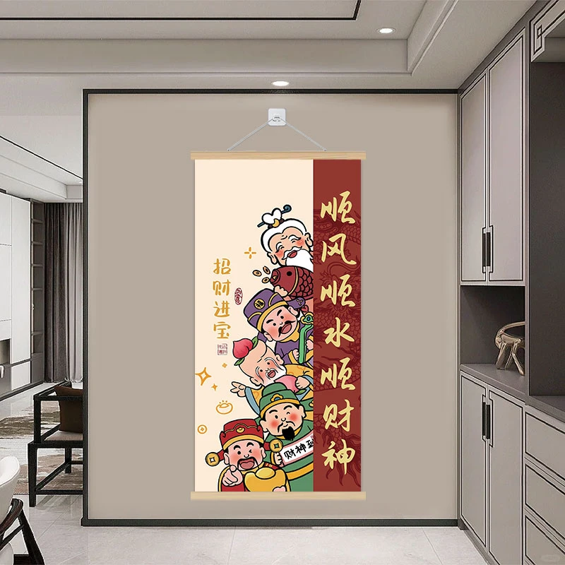 五路财神挂画新中式财神迎福挂轴入户玄关客厅餐厅背景墙装饰挂画