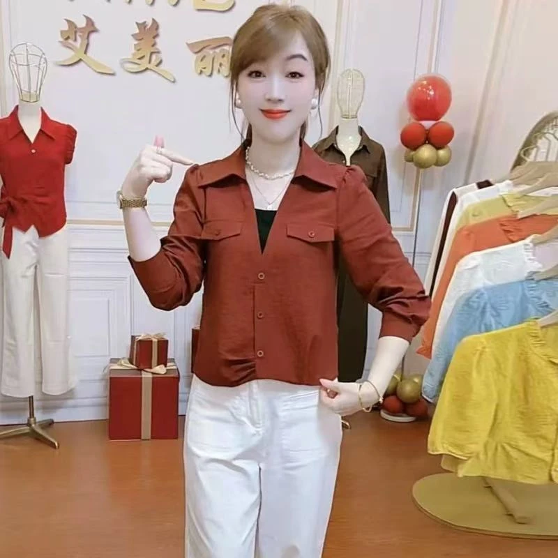 AML2 撞色拼接假两件早秋新款时尚百搭甜美遮肚显瘦短款气质衬衫3