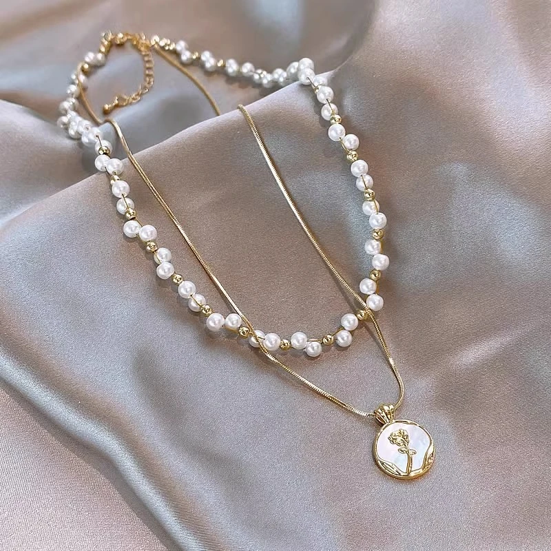 铜合金项链 巴洛克双层玫瑰花叠戴项链女小众设计秋冬锁骨毛衣链