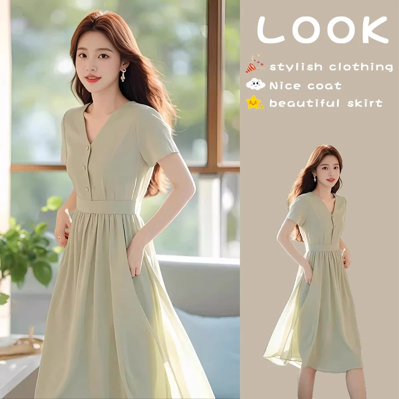 夏季女装2025新款小个子显高夏装高级感法式气质绿色雪纺连衣裙子