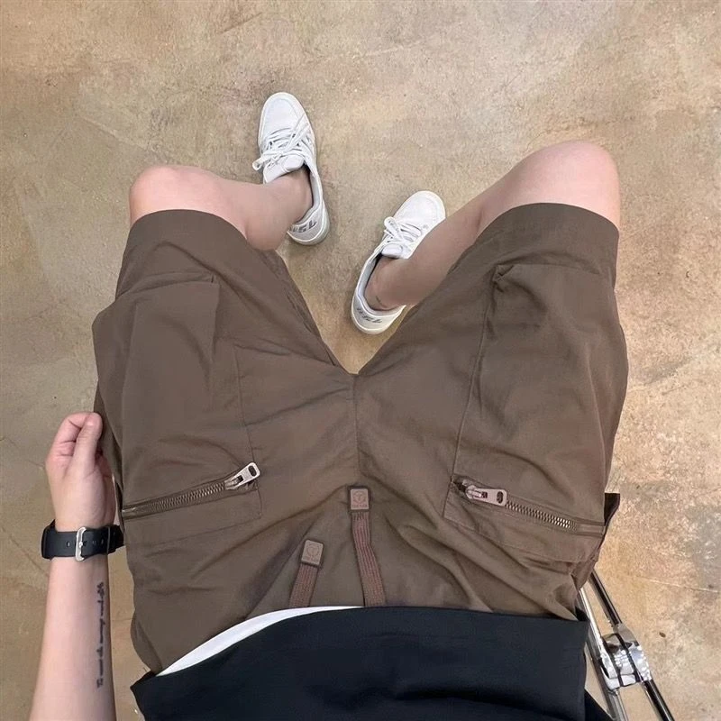 夏季户外速干工装短裤拉链多口袋中裤宽松直筒五分裤透气沙滩裤子