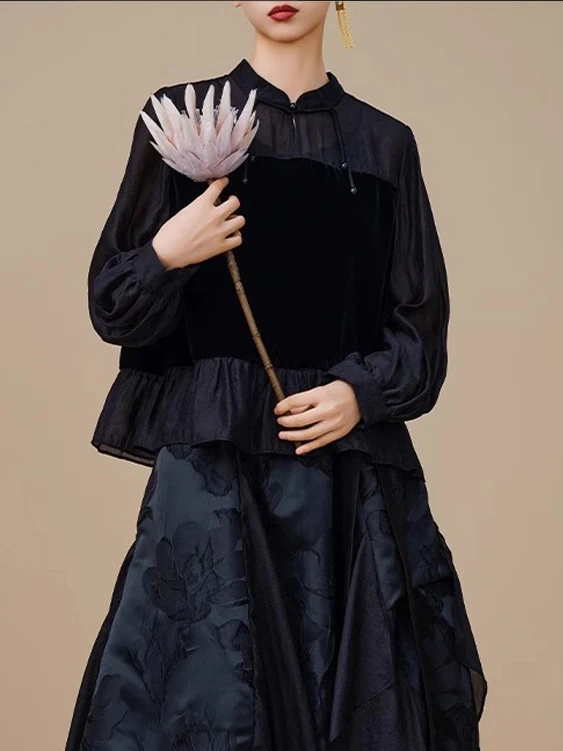 303中式复古气质丝绒上衣国潮风立领百搭复古衬衫2025春装新款女