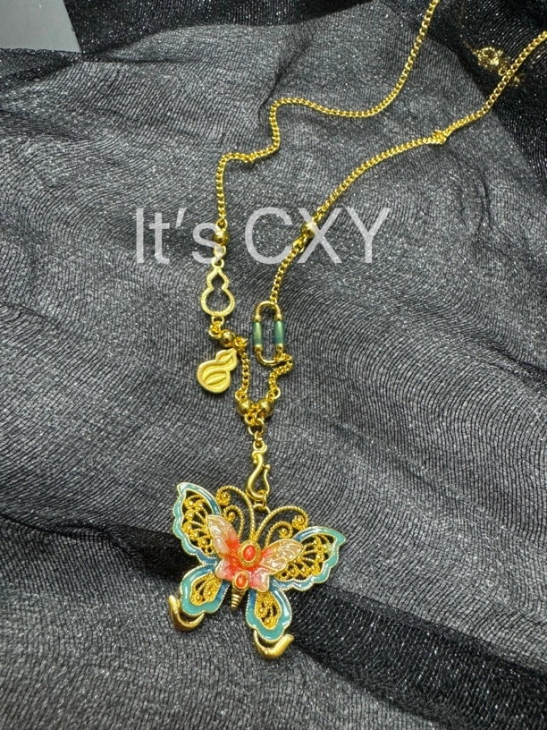 铜合金项链 【CXY】新中式烧蓝庄周梦蝶花丝珐琅锁骨链